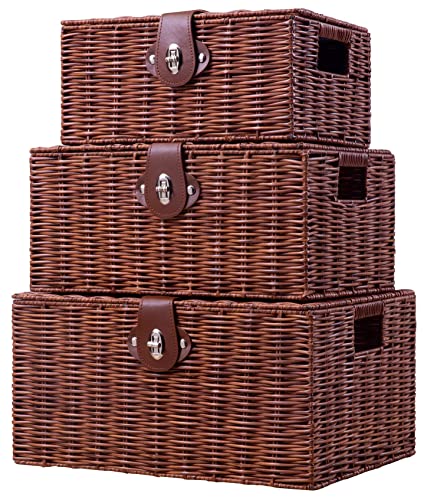 Set of 3 Woven Wicker Storage Basket Box with Lids & Lock, Built-in Carry Handles, Multifunctional Storage Organizer for Nursery, Baby, Clothes, Toys, Books, Large/Medium/Small Size (Natural) - color: Natural