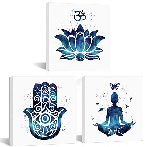 Saypeacher Zen Wall Art Blue Lotus Flower Wall art Evil Eye Decor Yoga SPA Room Meditation Decor Blue 12x12inchx3pcs