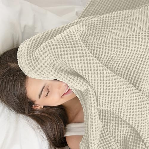 Throw Blanket for Couch, 100% Cotton Soft Lightweight Breathable Summer Blanket Throws, Waffle Weave Throw Size Bed Blanket: Beige (50"x60") - color: Beige, size: Throw (50" x 60")