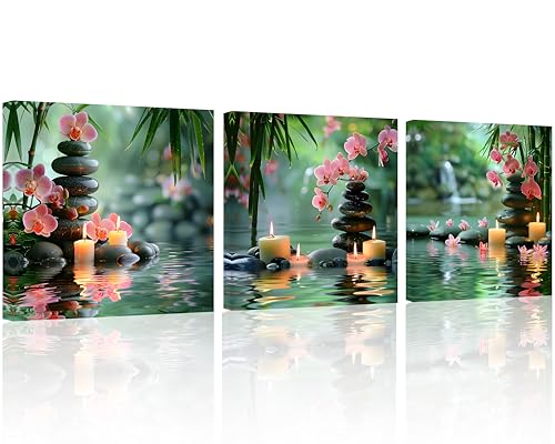 TutuBeer 3 Pcs Spa Wall Art Zen Pictures Wall Art Spa Stone Bamboo Pink Flower with Candles Pictures Zen Bathroom Art Print on Canvas for Home Decor Wall Decor Stretched and Framed 12x12inchx3 - color: Pink Zen, size: 12x12inchx3