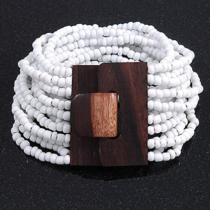 Avalaya White Glass Bead Multistrand Flex Bracelet With Wooden Closure - 19cm L