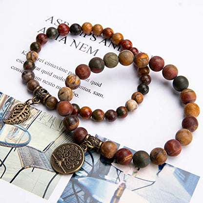 Bivei Natural Semi Precious Gemstone beads bracelet for women - Life Tree and Leaf Charm Energy Reiki Crystal Stretch Bracelets - color: Picasso Jasper Bracelet Set, size: Medium:6.8-7.24inch