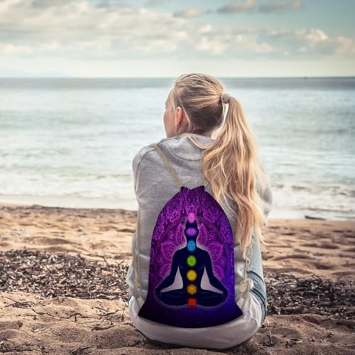 Seven Chakra Yoga Meditation Lotus Purple Mandala Portable Canvas Drawstring Backpack with Drawstring Pockets 35x50cm - color: Seven Chakra Yoga Meditation Lotus Purple Man, size: 35x50cm