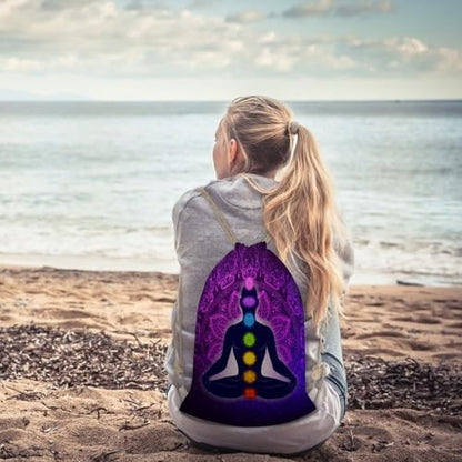 Seven Chakra Yoga Meditation Lotus Purple Mandala Portable Canvas Drawstring Backpack with Drawstring Pockets 35x50cm - color: Seven Chakra Yoga Meditation Lotus Purple Man, size: 35x50cm