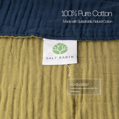 Salt Earth 100% Cotton Muslin Blanket, Gauze Blanket 50"X60" Throw with Tassel 6 Layered, Couch, Bed, Living Room, Home,Lightweight & All Season Blankets & Throws, Skin Friendly (Dress Blue/Mosstone) - color: Dress Blue / Mosstone, size: 50"X60" Throw