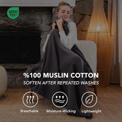 Goqan Muslin Blanket King Size 90x108 – 100% Turkish Cotton 4 Layer Boho Muslin Blanket for Adults, Four Season, Lightweight and Thin, Soft, Breathable - Dark Grey - color: Dark Grey, size: King (90"x108")