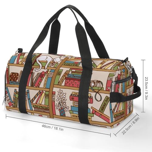 Sleeping Cat Library Bookshelf Large Capacity Portable Fitness Bag, Easy to Carry - color: sleeping cat library bookshelf