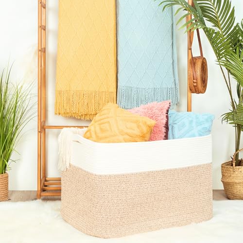 MINTWOOD Design 112L Extra Large Blanket Basket Holder Living Room, 25"x17"x16" Rectangle Rope Woven Storage Basket with Handles for Laundry, Pool Towels, Shoes, Dog Toy Organizer Bin Box, Light Brown - color: Light Brown