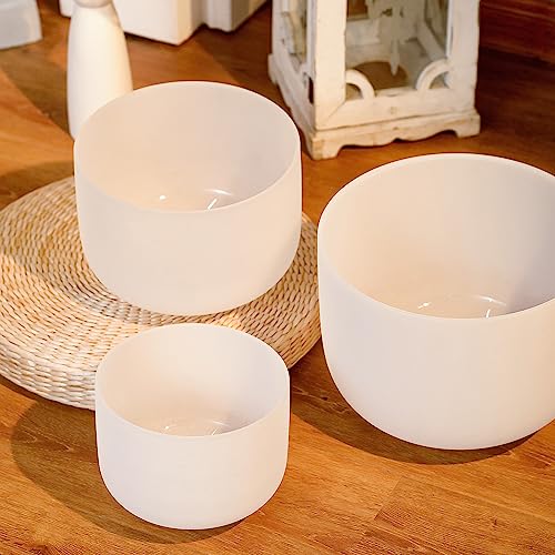 Hye-eun Crystal Singing Bowls Set of 3, 432hz 7"A 9"F 11"D 3pcs Frosted Quartz Chakra Sound Bowl with Carrying Case for Sound Healing Yoga Meditation