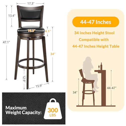 PrimeZone Swivel Bar Stools Set of 2, 34 Inch Extra Tall Bar Height Barstools, Black Faux Leather Bar Stool with High Backrest, Solid Wood Leg, Wrap-Around Footrest, Counter Stools for Pub - size: 34" Extra-tall Bar Height