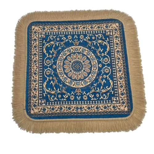 Soft Chenille Prayer Mat | 2x2 Feet Traditional Mandala Floral Pooja Aasan with Golden Fringes | Multipurpose Square Rug for Meditation, Yoga, Puja Room & Home (Pack of 4, Turquoise) - color: Turquoise, size: 2x2 Feet