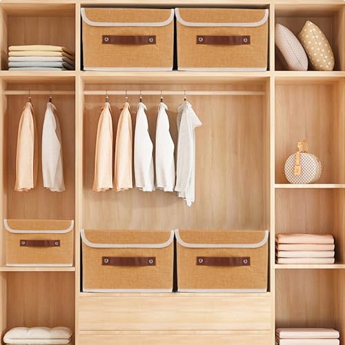 Small Storage Bin with Lid Storage Boxes,Collapsible Linen Storage Basket Container with Lid Storage Cube for Organizing Closets(Light brown)