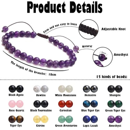 BONNY BOXX Braided Genuine Bracelet, Elegant Handcrafted Natural Gemstone Crystal Bracelet Healing Power Energy Inspirational Gifts with Card for Unisex - color: Amethyst, size: 6MM