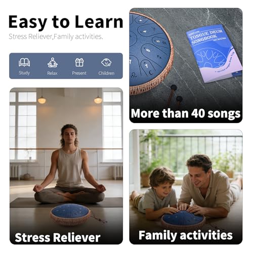 Steel Tongue Drum 13 Inch 15 Notes, C Major 432 Hz Handpan Drum for Adults, Kids, and Beginners, Meditation Gift, with Music Book, Mallets and Carry Bag (Navyblue)