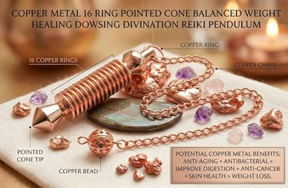 Copper Metal 16 Ring Pointed Cone Balanced Weight Healing Dowsing Divination Reiki Pendulum - color: 16 Ring Pointed Copper Metal Pendulum