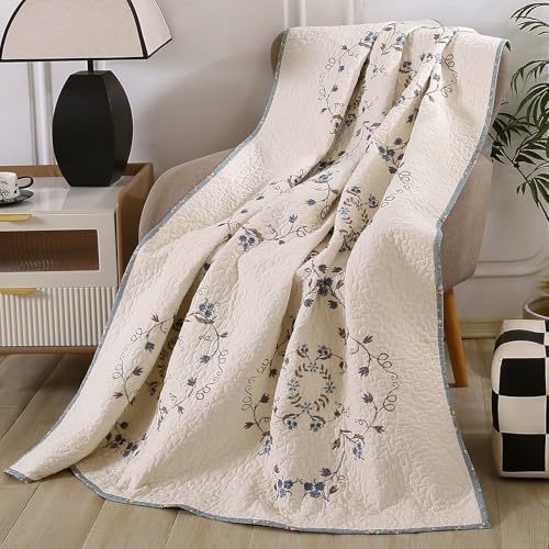 vctops 100% Cotton Quilted Throw Blanket 50x60 Inch Floral Embroidered Reversible Patchwork All Season Throw (Blue,50"x60") - color: Blue