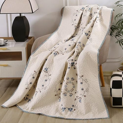 vctops 100% Cotton Quilted Throw Blanket 50x60 Inch Floral Embroidered Reversible Patchwork All Season Throw (Blue,50"x60") - color: Blue