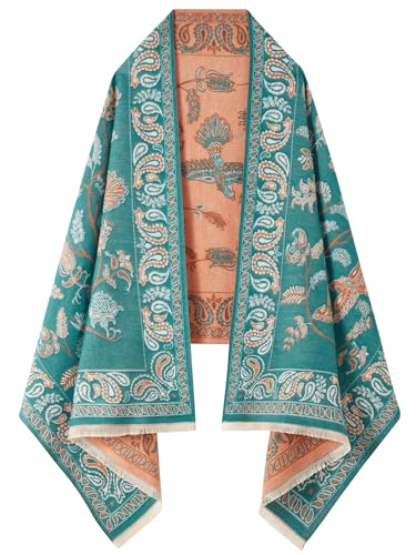 Women's Reversible Pashmina Shawl Wrap for Women Big Scarf Holiday Gifts - color: Teal Green-orange