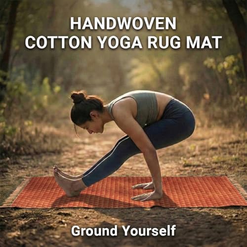 VINYASA Handwoven Cotton Yoga Rug Mat – Naturally Dyed | Absorbent, Washable Yoga Mat/Fitness Rug, Hatha, Pilates & Meditation - Non-Slip Grip | Extra Long & Wide | Trikon Series - color: Madder