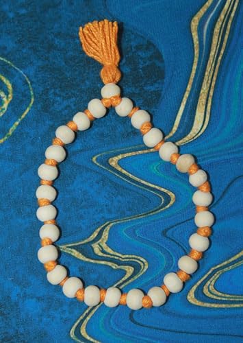 White Tulsi Beads Sumarni Mala (Bracelet) 27+1, 8MM Beads Mala Rosray, Tulsi Sumrni Mala, for Meditation and Spiritual Practice (Orange Thread)