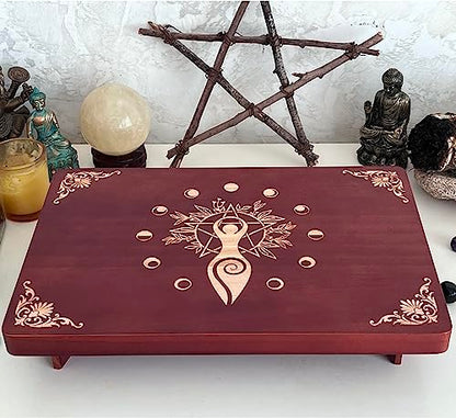 Altar Table, Meditation Table, Small Altar Table, Wooden Witch Altar, Wiccan Alter Table, Buddhist Shrine, Engraved Spiral Goddess on Table Top, 12 × 8 inches - color: Spiral Goddess