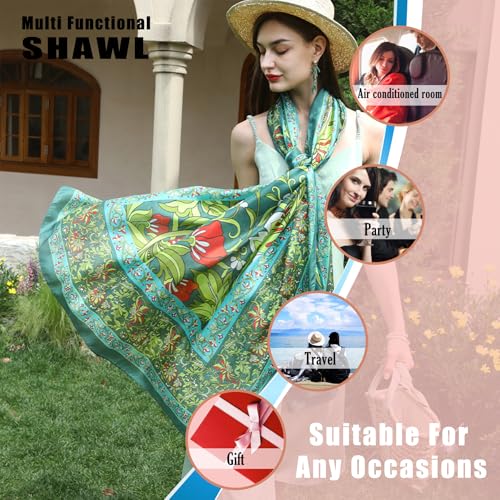 100% Mulberry Extra Large Silk Pashmina Scarf Shawls And Wraps For Women Evening Dress Summer Travel Floral Blanket - color: Emerald Bloom Harmony