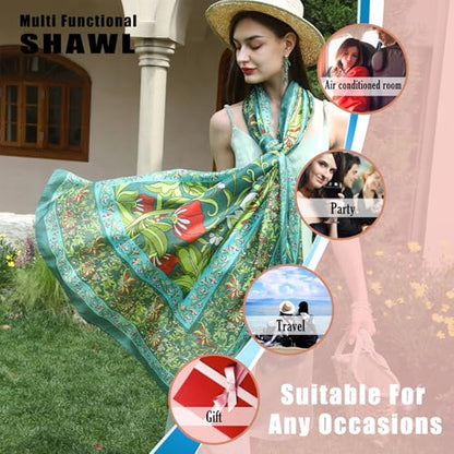 100% Mulberry Extra Large Silk Pashmina Scarf Shawls And Wraps For Women Evening Dress Summer Travel Floral Blanket - color: Emerald Bloom Harmony