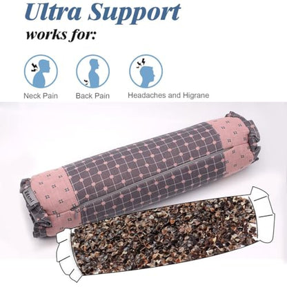 Round Neck Buckwheat Pillow, Neck Support Cervical Pillow for Side and Back Sleepers with Removable Washable Cover (16x4 inch, Grey&Pink) - color: Grey&pink
