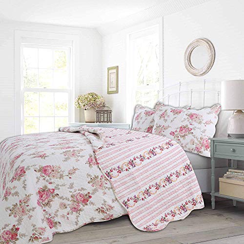 Cozy Line Home Fashions Romantic Pink Peony Floral 100% Cotton Reversible Quilt Bedding Set, Coverlet, Bedspread (Pink Peony, King - 3 Piece) - color: Pink Peony, size: King