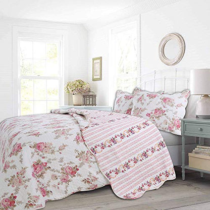 Cozy Line Home Fashions Romantic Pink Peony Floral 100% Cotton Reversible Quilt Bedding Set, Coverlet, Bedspread (Pink Peony, King - 3 Piece) - color: Pink Peony, size: King