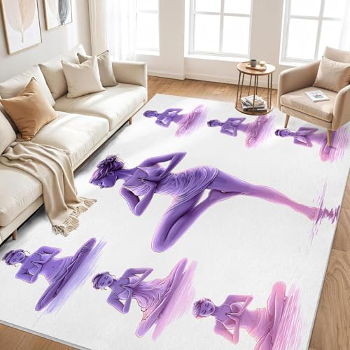 Yoga Poses 8x8 Area Rug - Washable & Non Slip 8' Square Silhouette Rugs, Soft Low Pile Large Accent Carpet - Zen Meditation Rug for Living Room, Bedroom, Dining Room, Office, Home Decor - Soft Purple