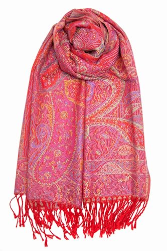 Achillea Reversible Paisley Pashmina Rave Scarf – Exotic Indian Shawls and Wraps for Evening Dresses, Festivals, All Seasons - color: Tapestry Red