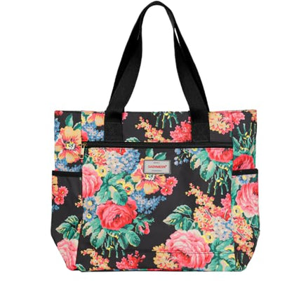 GAENMESN Women's Lightweight Waterproof Tote Bag Durable Designer Handbag with Zipper Travel Commute Everyday Use - color: Black Flower