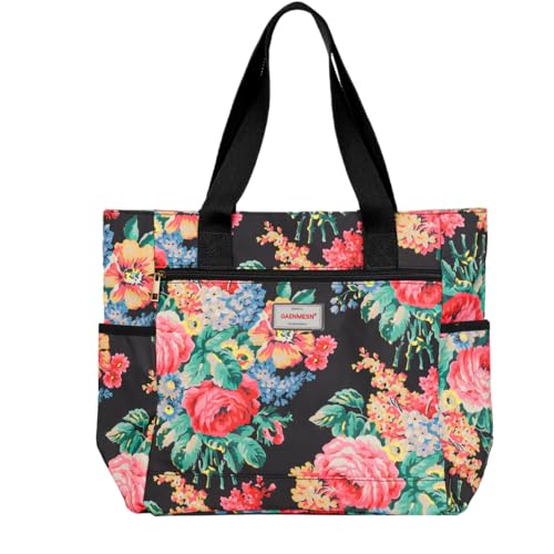 GAENMESN Women's Lightweight Waterproof Tote Bag Durable Designer Handbag with Zipper Travel Commute Everyday Use - color: Black Flower