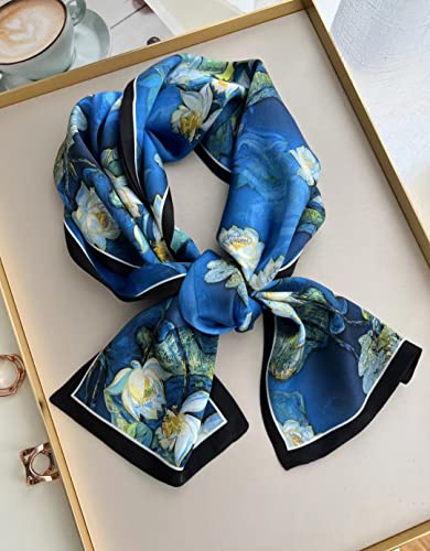 100% Silk Scarf for Women 59”*6.3” Long Shawls for Headscarf and Neck- Oblong Hair Wraps with Gift Packed - color: Water Lilies