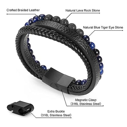 FOCOOG Leather Bead Bracelets for Men, Natural Tiger Eye Lava Rock Stone Bead Magnetic Clasp Adjustable Leather Bracelets Stress Relief Mens Anxiety Bracelet Mens Jewelry Gifts - style: Black Leather-Blue Tiger Eye&Lava Rock