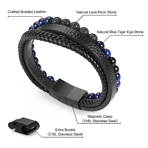 Leather Bead Bracelets for Men, Natural Tiger Eye Lava Rock Stone Bead Magnetic Clasp Adjustable Leather Bracelets Stress Relief Mens Anxiety Bracelet Mens Jewelry Gifts - style: Black Leather-Blue Tiger Eye&Lava Rock