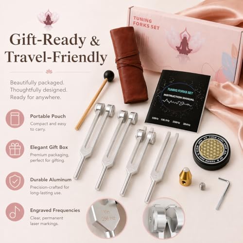 Tuning Forks for Healing Set, 128Hz 136.1Hz OM 256Hz 384Hz, Aluminum Alloy Sound Therapy Kit for Meditation, Yoga, Chakra Balancing and Reiki, Includes Mallet, Activator and Pouch