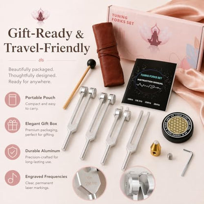 Tuning Forks for Healing Set, 128Hz 136.1Hz OM 256Hz 384Hz, Aluminum Alloy Sound Therapy Kit for Meditation, Yoga, Chakra Balancing and Reiki, Includes Mallet, Activator and Pouch