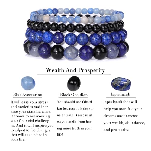 4pcs Beaded Bracelets for Women,Natural Healing Crystal Gemstones Bracelet,Anxiety Stress Relief Bracelet Handmade purple Jewelry Gifts for Women - color: Blue Aventurine&Black Obsidian&lapis lazuli