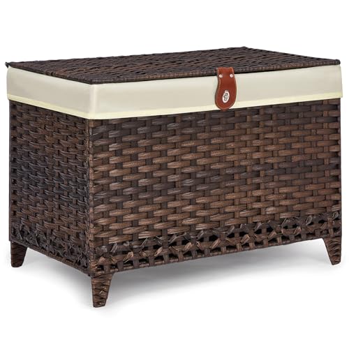 Honjourai Wicker Storage Basket with Lid,Rattan Shelf Basket with Removable Liner Bag,65L Storage Bin,Storage Trunk with Heightened Feet,Storage Container for Wardrobe,Home Organizer - color: Brown, size: 65L