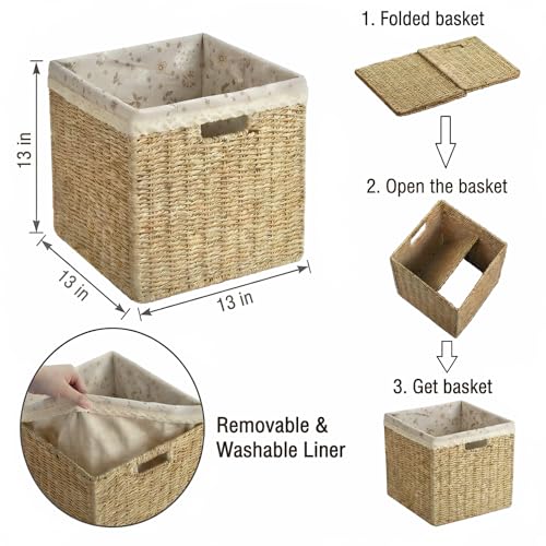 4PC Foldable 13 x 13 Storage Baskets, Handwoven Paper Rope with Reinforced Structure, Removable Liner, No Sharp Edges, Odor-Free, for Nursery, Living Room, Closet, Bedroom, Shelves