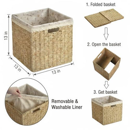 4PC Foldable 13 x 13 Storage Baskets, Handwoven Paper Rope with Reinforced Structure, Removable Liner, No Sharp Edges, Odor-Free, for Nursery, Living Room, Closet, Bedroom, Shelves