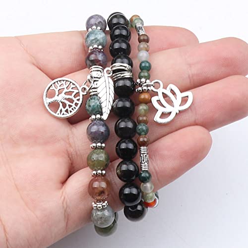 Tree of Life Yoga Healing Stone Bracelets,Multilayer Lotus Chakra Stone Reiki Bracelet Sets,Anxiety Crystal Natural Stone,for Women Stress Relief - style: Indian agate+golden obsidian