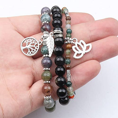 Tree of Life Yoga Healing Stone Bracelets,Multilayer Lotus Chakra Stone Reiki Bracelet Sets,Anxiety Crystal Natural Stone,for Women Stress Relief - style: Indian agate+golden obsidian