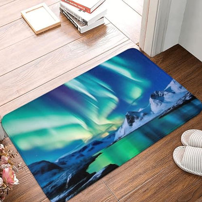 Northern Lights Print Flannel Anti-Slip Mat 16x24in Polyester Floor Covering, Full Single-Side Printed - color: Northern Lights
