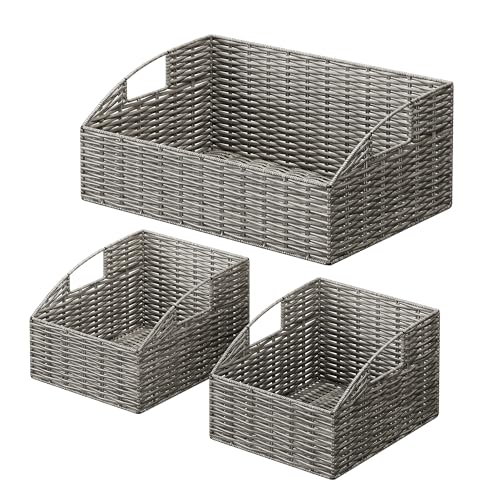 Rattan Storage Baskets, Handwoven Wicker Storage Bins with Built-in Handles, Storage Container Baskets for Shelves, Bedroom, Bathroom, Laundry Room or Kitchen(Grey) - color: Grey