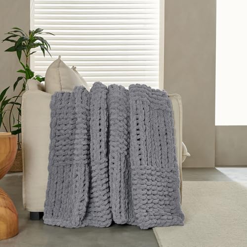 Chunky Knit Blanket Throw 50x60 Inches,Handmade Cable Knit Crochet Blanket,Cozy Lightweight All Season,Wrinkle-Resistant Polyester for Couch Bed Sofa Reading Nook,Grey - color: Grey