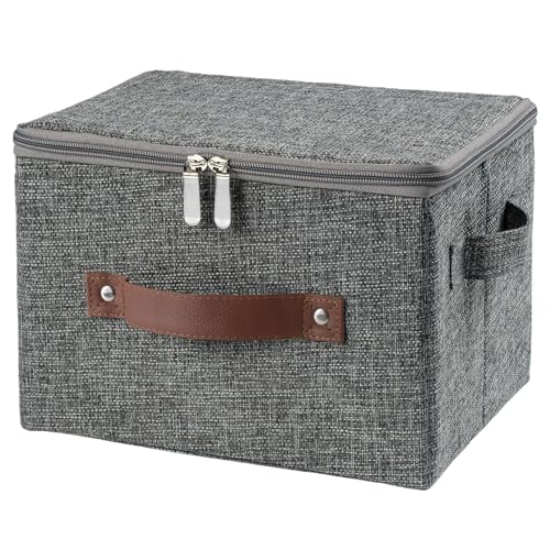 Storage Bins with Zipper Lid Foldable Fabric Lidded Storage Boxes Baskets Cubes Washable Collapsible PU Leather Handle Cotton Linen Fabric Shelf Closet Organizer Container(Gray, Small Size) - color: Gray, size: Small ( Set of 1 )