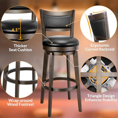 PrimeZone Swivel Bar Stools Set of 2, 32 Inch Tall Bar Height Barstools, Black Faux Leather Bar Stool with High Backrest & Solid Wood Legs & Wrap-Around Footrest, Counter Stools for Pub - size: 32" Tall Bar Height
